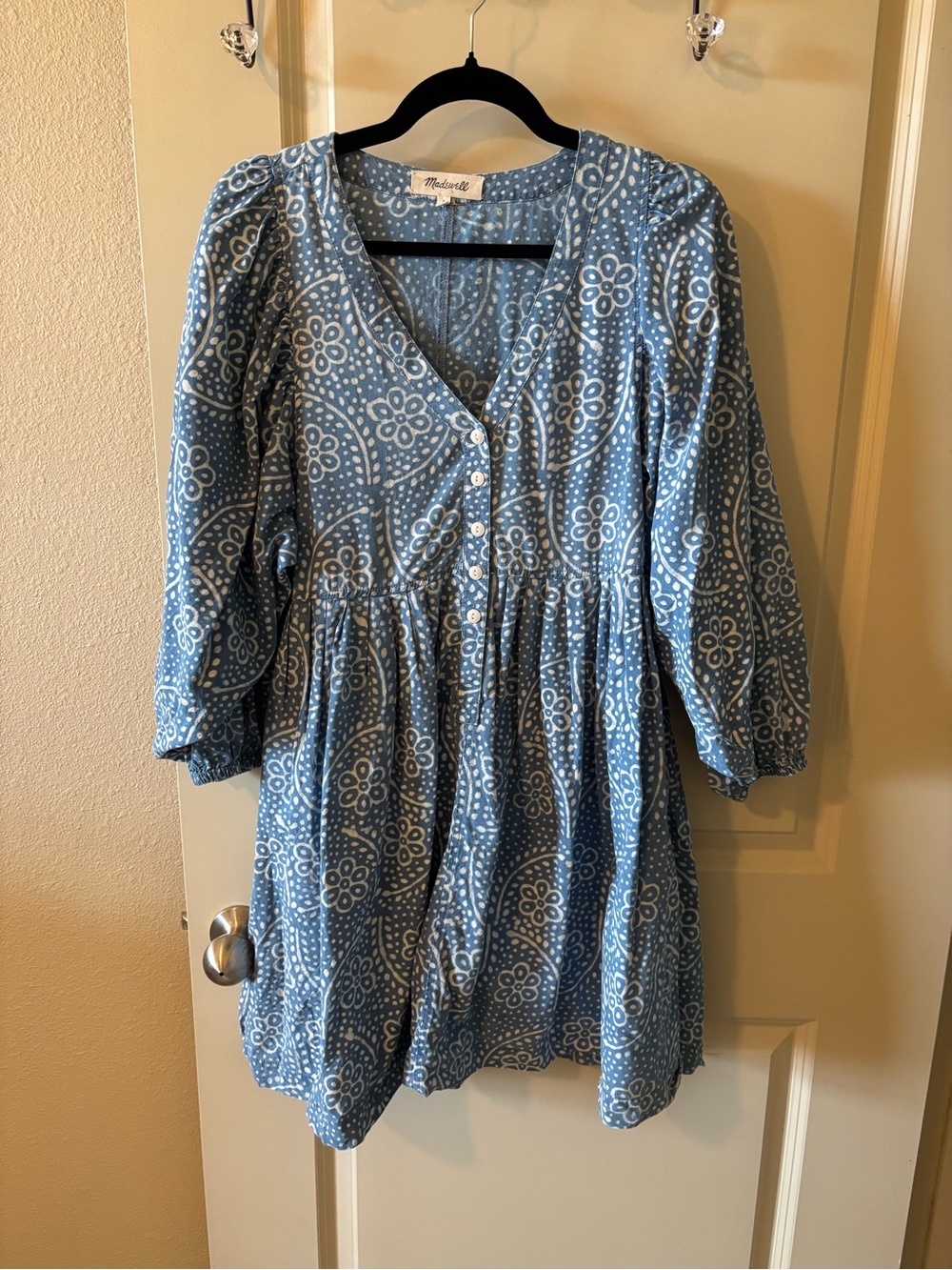 Madewell Bubble-Sleeve Button-Front Mini Dress in Indigo Paisley Medium EUC RARE - Picture 5 of 11